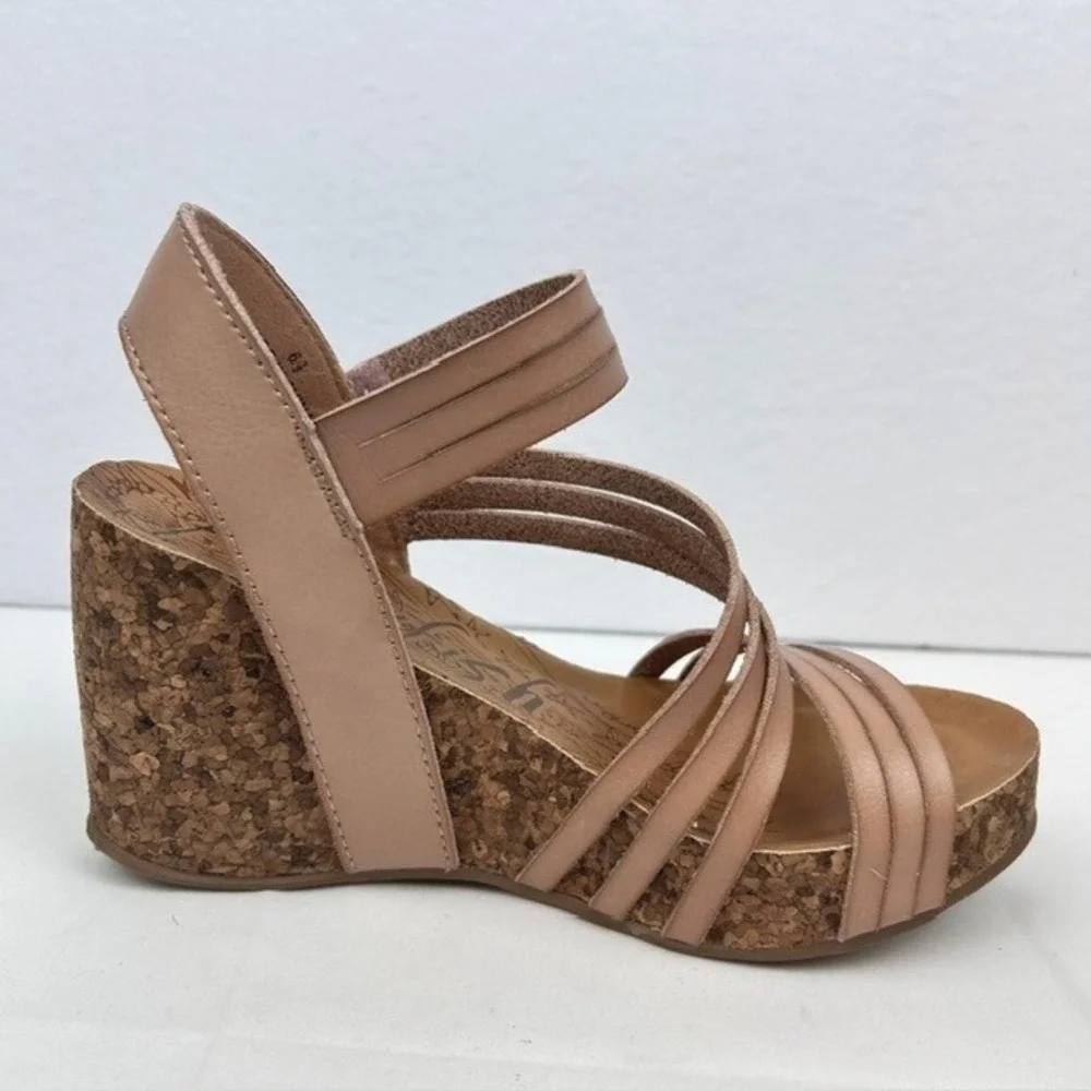 Blowfish Malibu Womens Tan Multi Strap Cork Wedge Sandals Ankle Strap Size 6.5